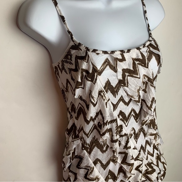 AB Studio Tops - AB Studio White Brown Chevron Spaghetti Straps Fringe Blouse